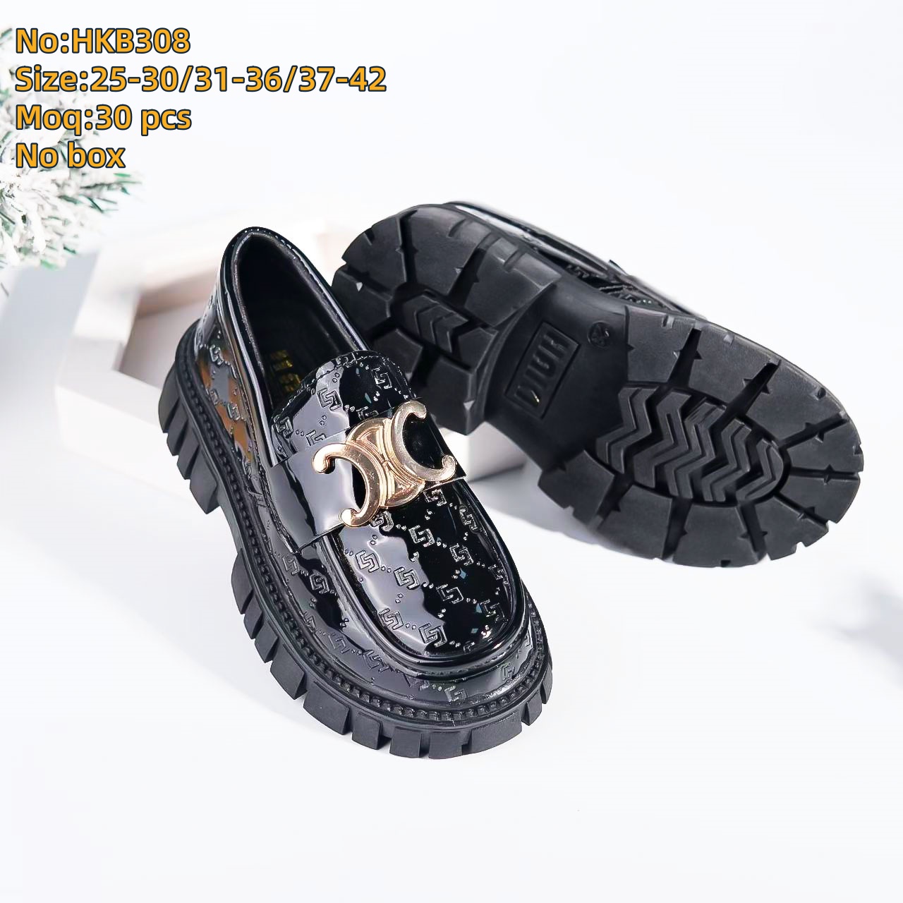 Women  Black Platform Loafer Slip-on With Metal Chain